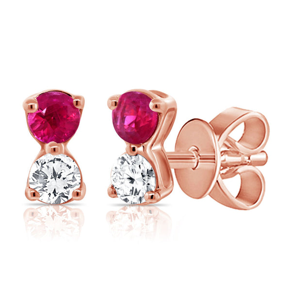 14K Gold Diamond & Ruby Tiny Stud Earrings - 0.10 CT - 1