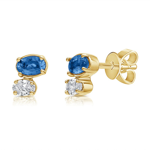 14K Gold Sapphire & Diamond Tiny Stud Earrings - 1