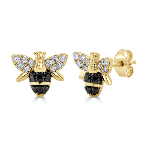 14k Gold Black & White Diamond Bumble Bee Stud Earring - 1.23ct - 1