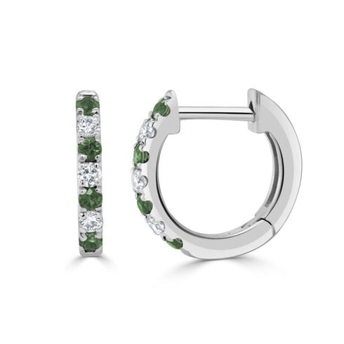 14K Gold Emerald & Diamond Alternating Huggie Earrings - 2