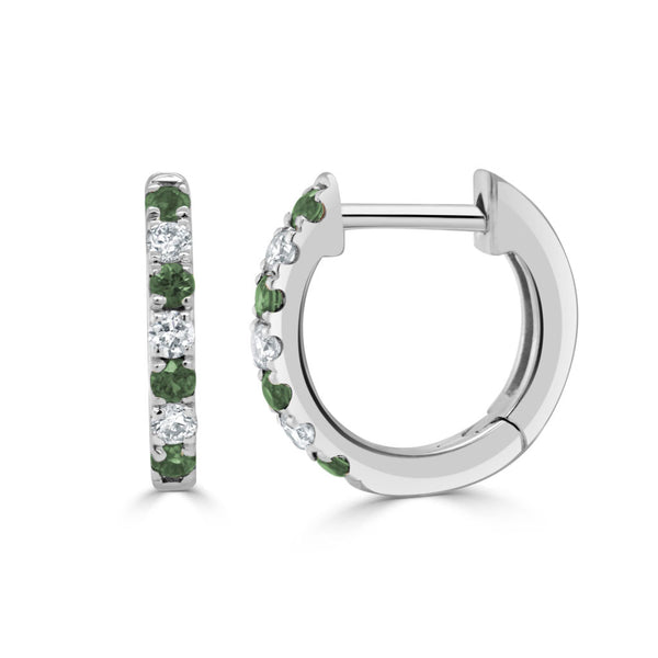 14K Gold Emerald & Diamond Alternating Huggie Earrings - 2