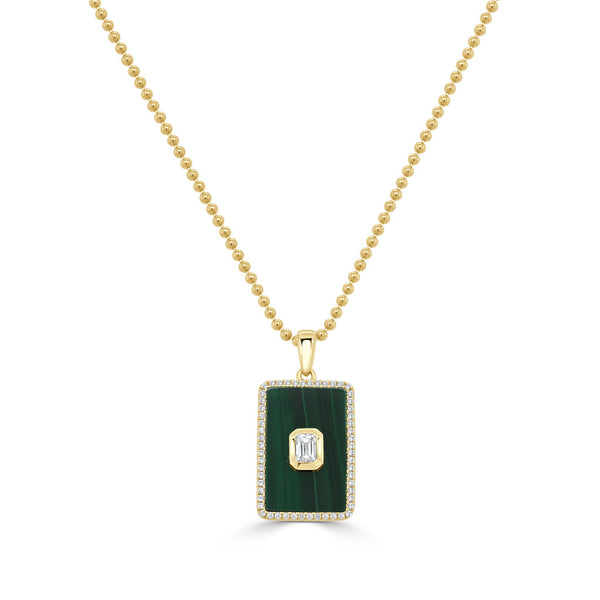 14K Gold Emerald Cut Diamond Medallion in Malachite - 0.37ct - 2