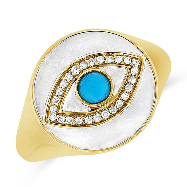 14K Gold Turquoise, Diamond & Agate Evil Eye Signet Ring - 0.10 CT - 2
