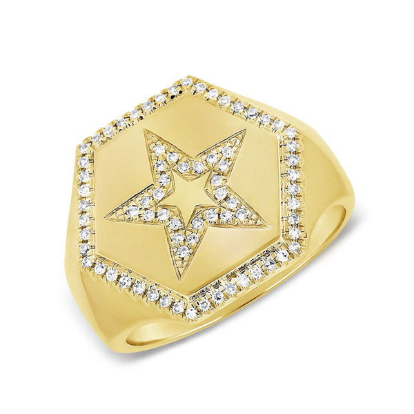 14K Gold & Diamond Star Signet Ring - 0.21ct - 2