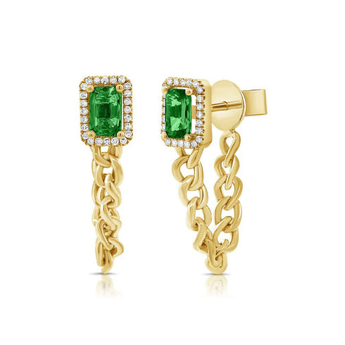 Emerald And Diamond Stud With Chain Earrings - 1