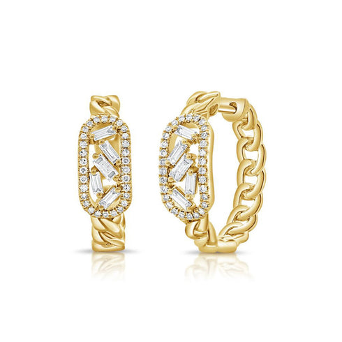 Baguettes And Round Diamond Link Huggie Earrings - 1