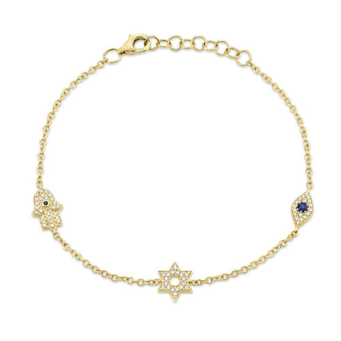 Kate 0.15ct Diamond & 0.06ct Blue Sapphire Eye, Hamsa & Star Of David Bracelet - 1