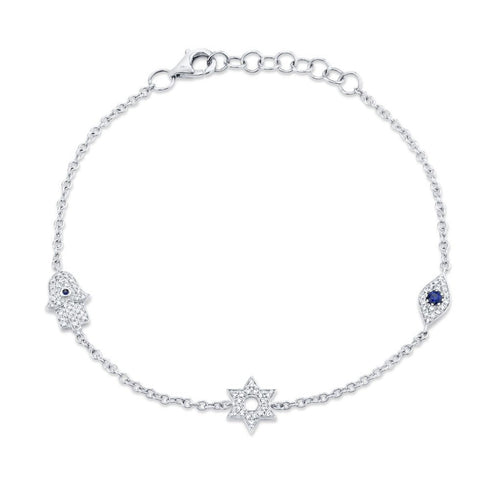 Kate 0.15ct Diamond & 0.06ct Blue Sapphire Eye, Hamsa & Star Of David Bracelet - 1