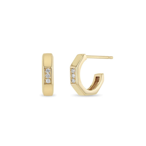 14k Pavé Diamond Octagon Huggie Hoops - 2