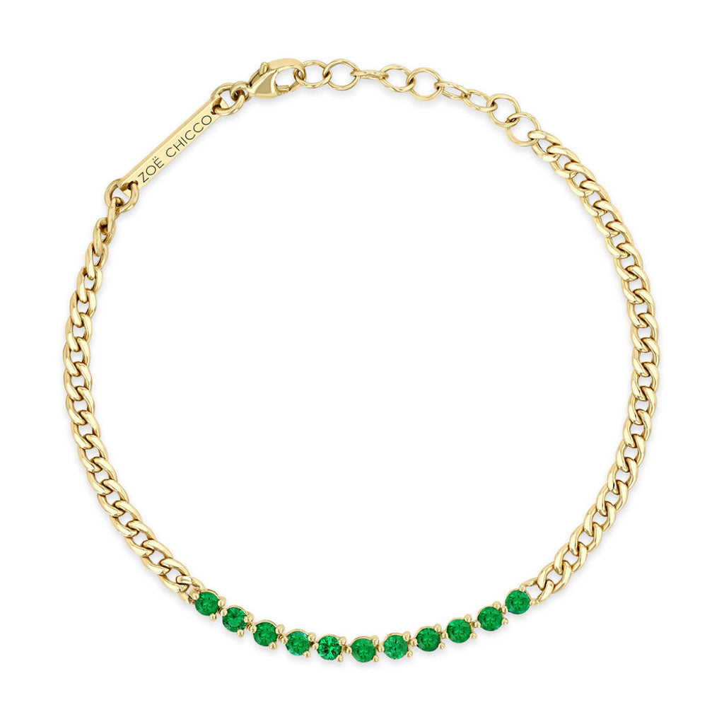 14k Emerald Tennis Segment Small Curb Chain Bracelet