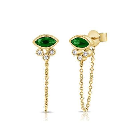 Emerald And Diamond Stud With Chain Earrings - 1