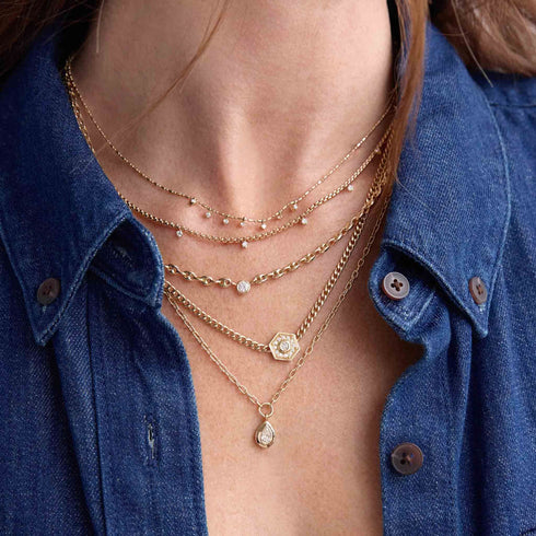 14k 7 Dangling Prong Diamond Tube Bar Chain Necklace - 3