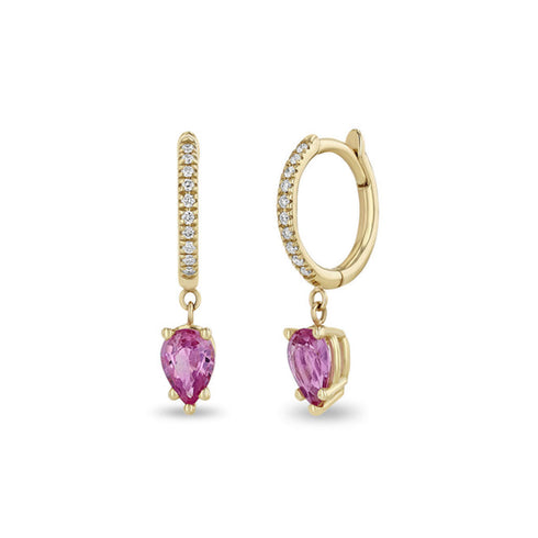 14k Medium Pavé Diamond Hinge Huggie Hoops with Pear Pink Sapphires - 2