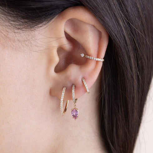 14k Medium Pavé Diamond Hinge Huggie Hoops with Pear Pink Sapphires - 3