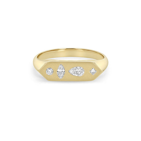 14k Diamond Mosaic Brushed Gold Elongated Hexagon Signet Ring - 2
