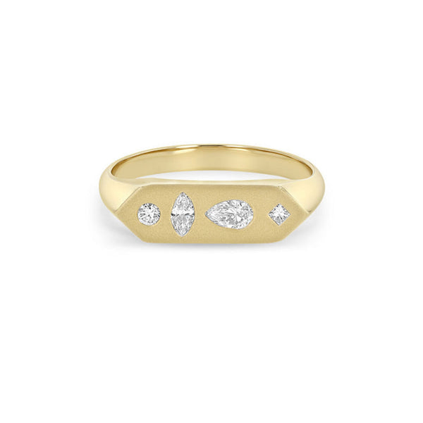 14k Diamond Mosaic Brushed Gold Elongated Hexagon Signet Ring - 2