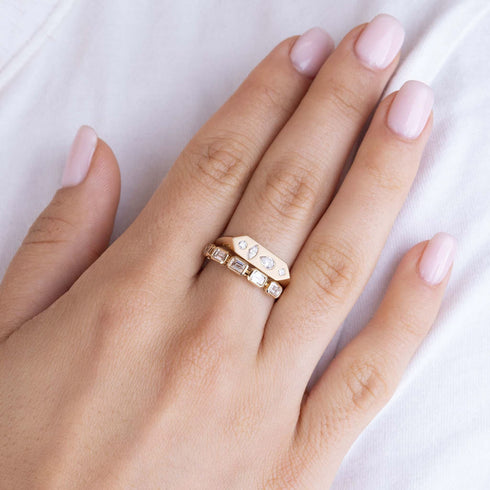 14k Diamond Mosaic Brushed Gold Elongated Hexagon Signet Ring - 3