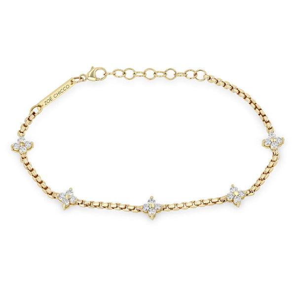 14k 5 Prong Diamond Quad Station Box Chain Bracelet - 2