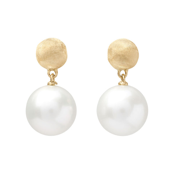 18K Yellow Gold Pearl Double Earrings, 0.7" - 1