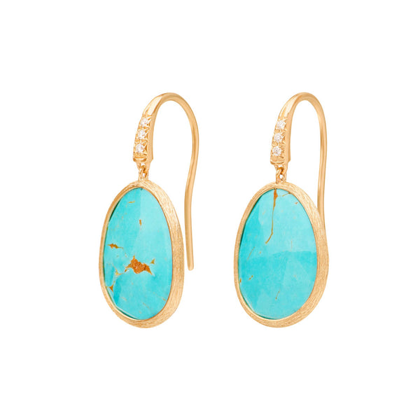 18K Yellow Gold Turquoise Earrings with Diamonds, 1" - 1