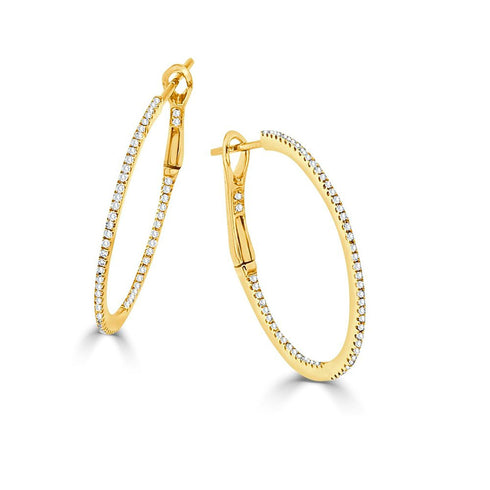 14k Gold & Diamond Skinny Hoop Earrings 1.25" - 0.42ct - 1