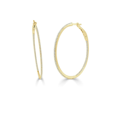 14k Gold & Diamond Skinny Hoop Earrings 1.5" - 0.57ct - 2