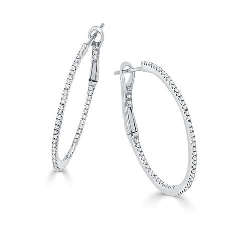 14k Gold & Diamond Skinny Hoop Earrings 1.25" - 0.42ct - 1