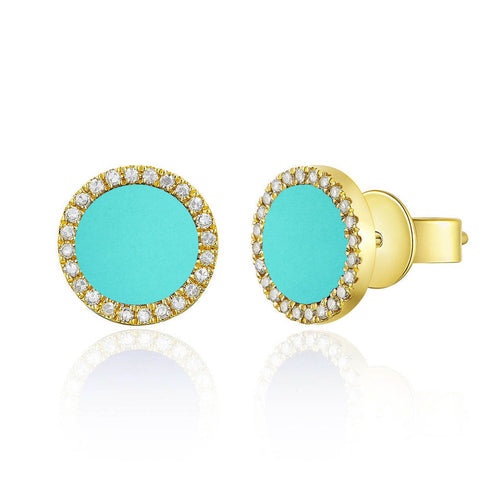 14k Gold & Diamond Turquoise Stud Earrings - 0.10ct - 2