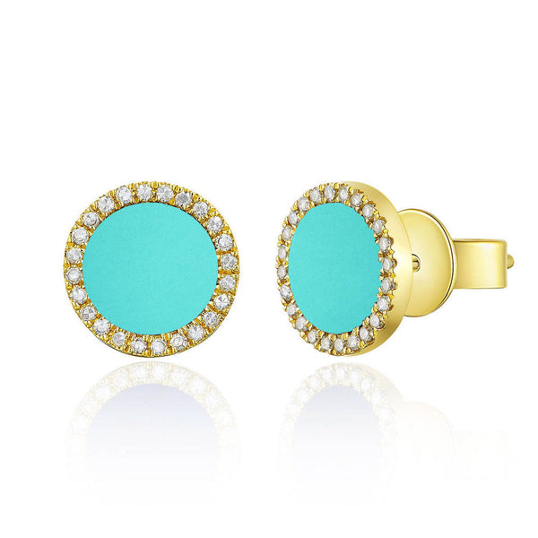 14k Gold & Diamond Turquoise Stud Earrings - 0.10ct - 2