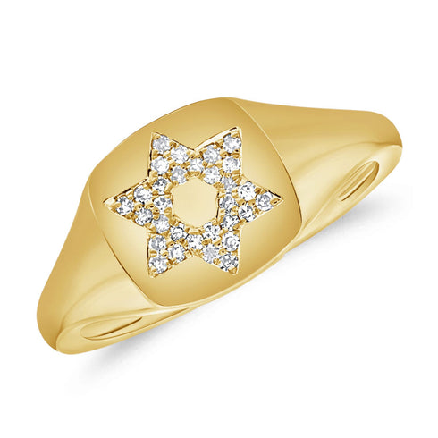 14K Gold & Diamond Star of David Signet Ring - 0.07ct - 2