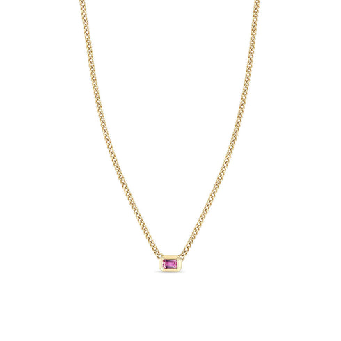 14k Emerald Cut Pink Sapphire Bezel XS Curb Chain Necklace - 2
