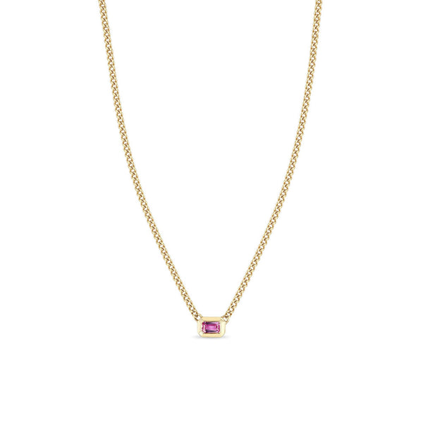 14k Emerald Cut Pink Sapphire Bezel XS Curb Chain Necklace - 2