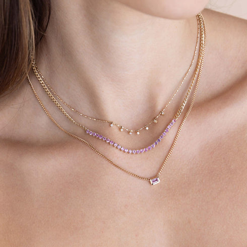 14k Emerald Cut Pink Sapphire Bezel XS Curb Chain Necklace - 3