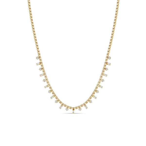 14k Alternating Baguette & Round Diamond Small Box Chain Necklace - 2