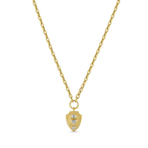 14k Mixed Cut Diamond Brushed Gold Shield Pendant Necklace - 2