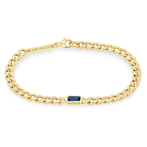 14k Medium Curb Chain Emerald Cut Blue Sapphire Bezel Bracelet - 2
