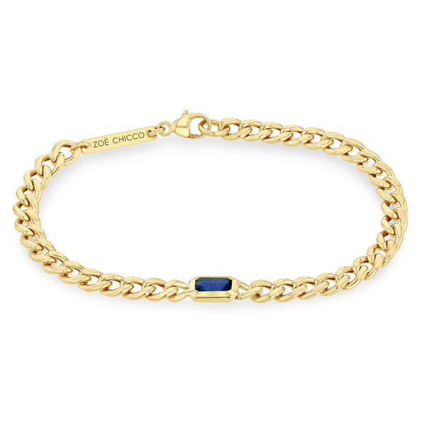 14k Medium Curb Chain Emerald Cut Blue Sapphire Bezel Bracelet - 2
