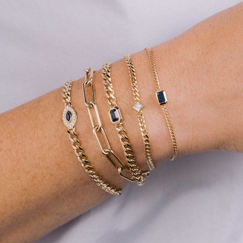 14k Medium Curb Chain Emerald Cut Blue Sapphire Bezel Bracelet - 3