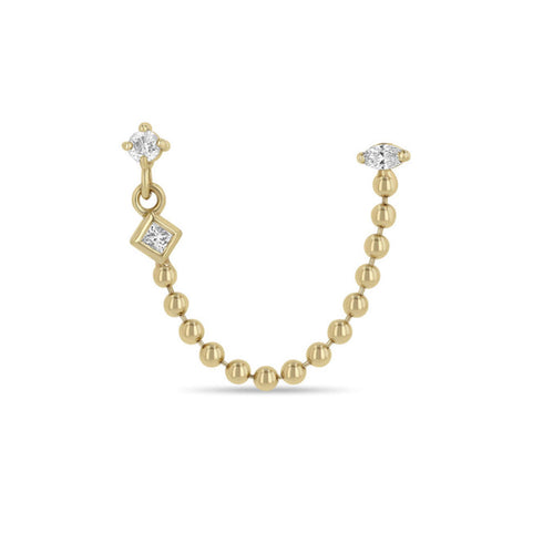 14k Mixed Cut Diamond Double Stud Bead Chain Earring - 2