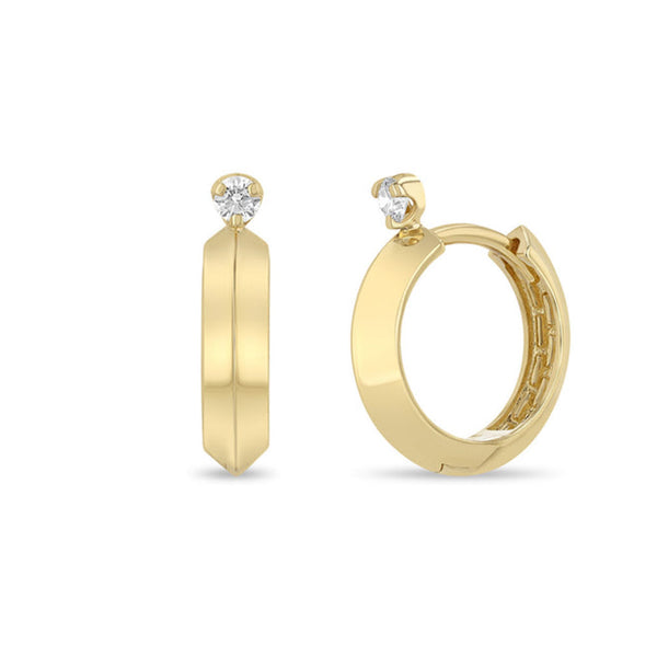14k Prong Diamond Knife Edge Hinge Huggie Hoops - 2