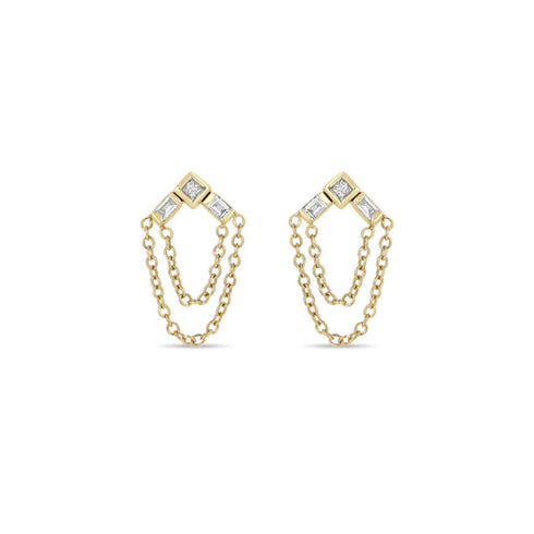 14k Princess & Baguette Diamond Arrow Chain Drop Earrings - 2