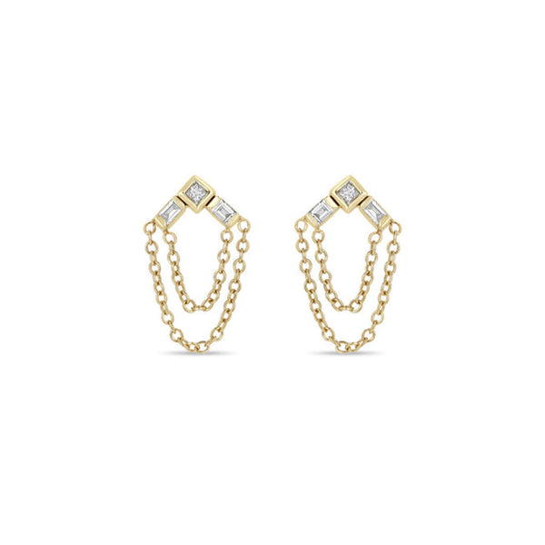 14k Princess & Baguette Diamond Arrow Chain Drop Earrings - 2