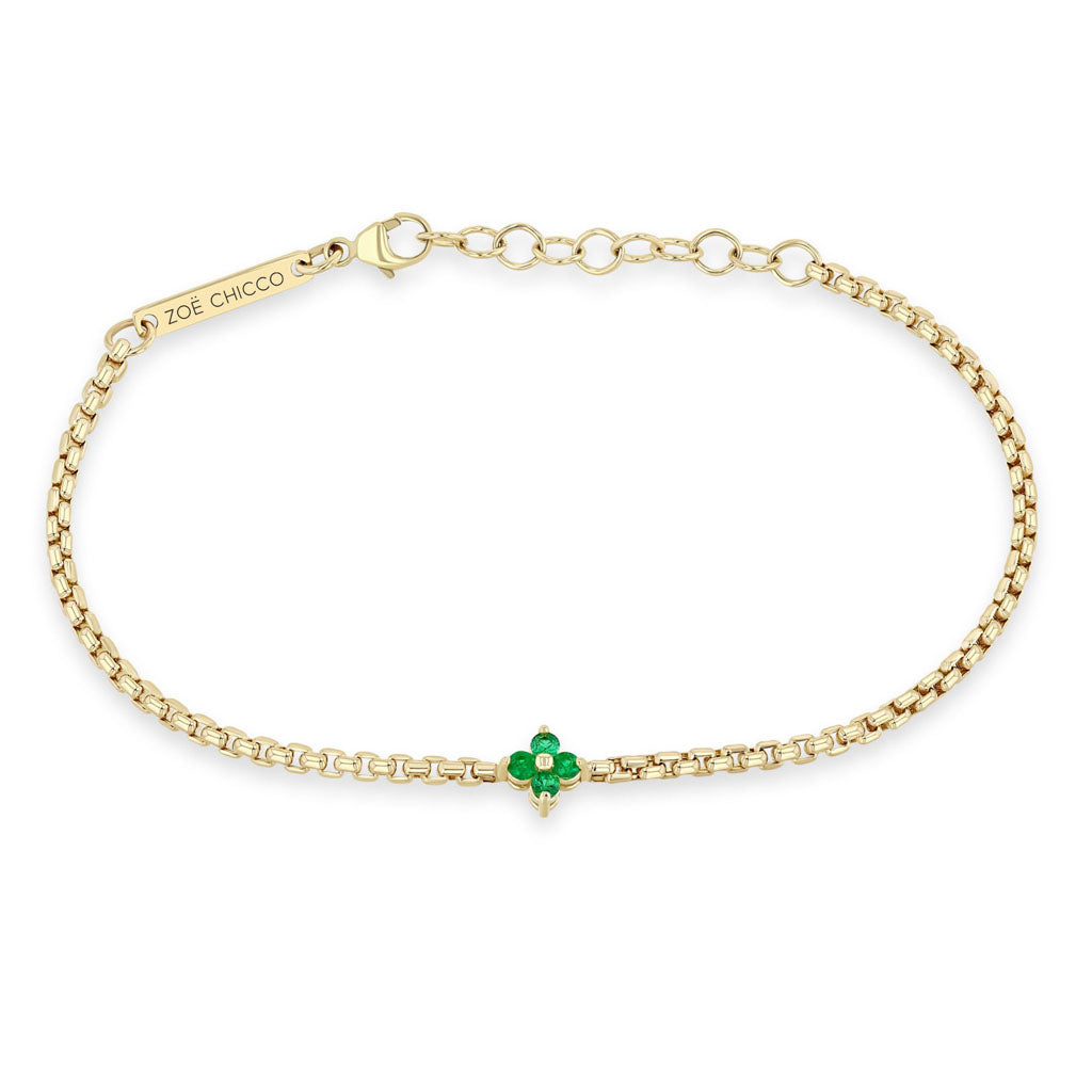 14k Prong Emerald Quad Box Chain Bracelet