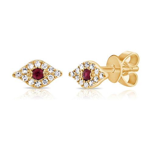 14k Gold & Diamond Ruby Evil Eye Studs - 2