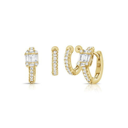 Baguettes And Round Diamond Two Piece Huggie Earrings - 1