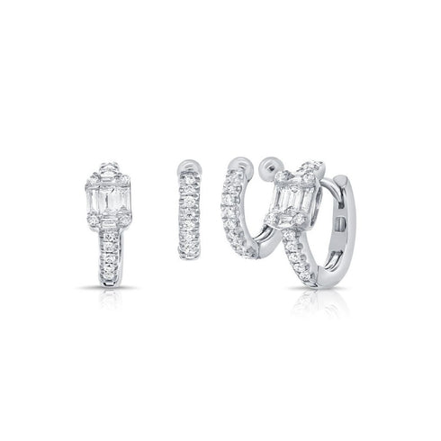 Baguettes And Round Diamond Two Piece Huggie Earrings - 1