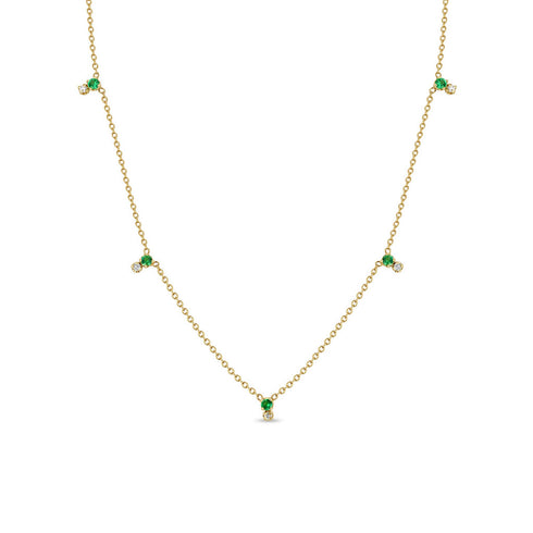 14k Stacked Prong Emerald & Diamond Station Necklace - 2