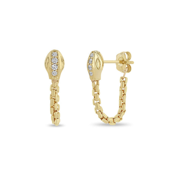 14k Pavé Diamond Snake Head Box Chain Huggie Earrings - 2