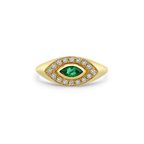 14k Marquise Emerald & Diamond Halo Signet Ring - 2