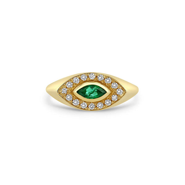 14k Marquise Emerald & Diamond Halo Signet Ring - 2